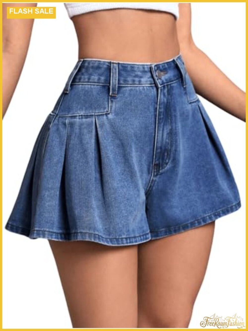 Womens Denim Skort High Waisted Pleated Wide Leg Jean Shorts
